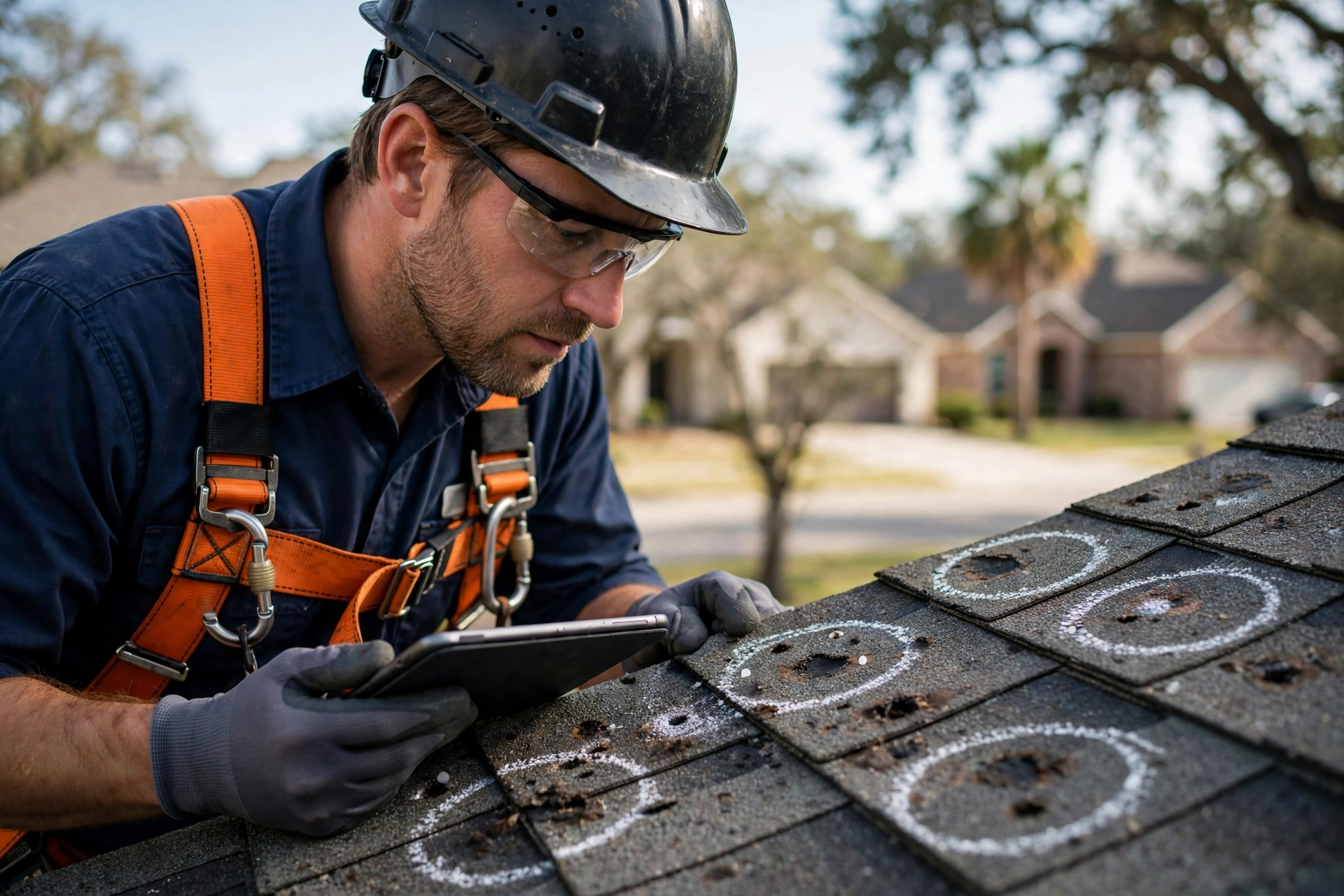 Inspector marking hail damage with chalk circles on a Dallas roof