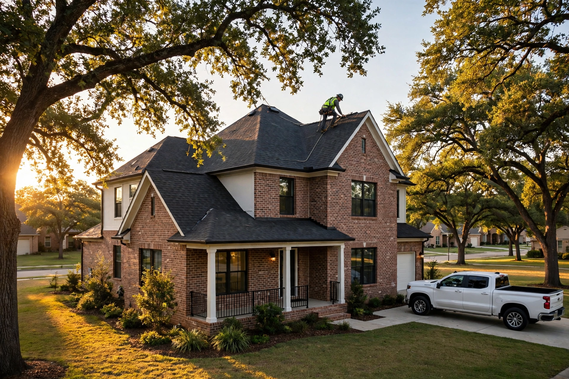 Dallas Texas home with a newly installed shingle roof under a bright sky