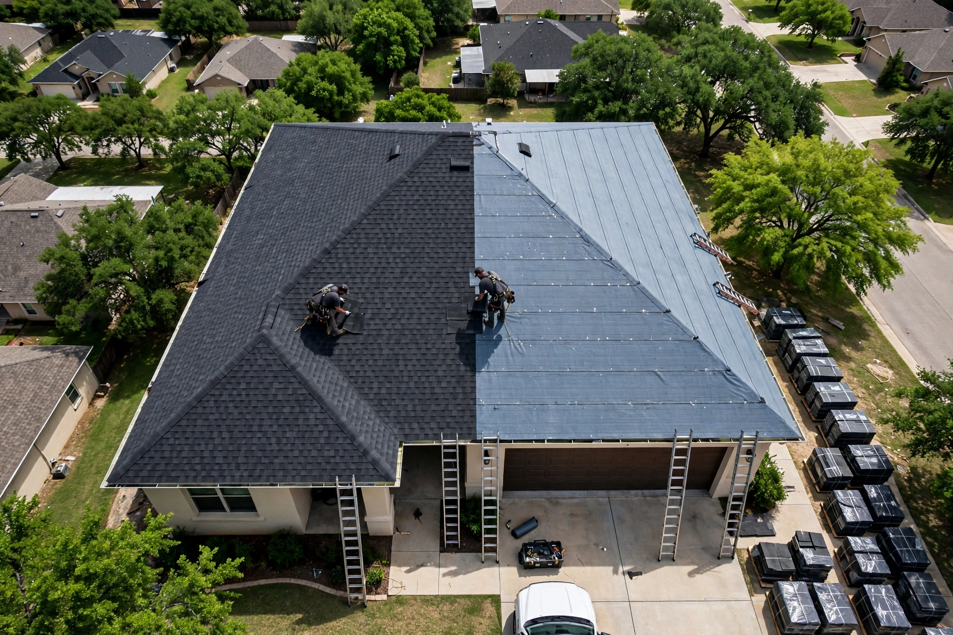 Aerial view of a LoneRidge crew installing a new shingle roof